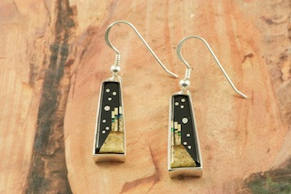 These Earrings are a work of art! Beautiful Starry Night Design at Monument Valley. Featuring Genuine Picture Jasper and Black Jade inlaid in Sterling Silver French Wire Earrings. Designed by Navajo Artist Calvin Begay. Signed by the artist.